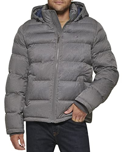 Tommy Hilfiger Men's Down Alternative Hooded Puffer Jacket (Standard and Big & Tall), Heather Grey, 4X-Large