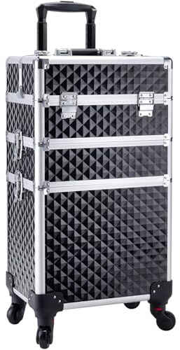 Adazzo 3-in-1 Professioneller Make-up-Trolley aus Aluminium mit 360° drehbaren Rädern für Makuep-Künstler, Kosmetikkoffer, Organizer mit Schloss und Schlüssel, Rautenmuster, Schwarz, 35,1 x 23,6 x