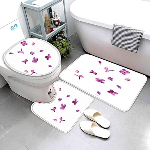 AOLIGL Badezimmermatte Set Frischer Flieder 3D Drucken Schöne Purpurrote Blumen Fallen Teppich Badezimmer Badgarnitur 3teilig Mikrofaser Bath mat U-förmigen Contour Matte- WC Vorleger 40 x60
