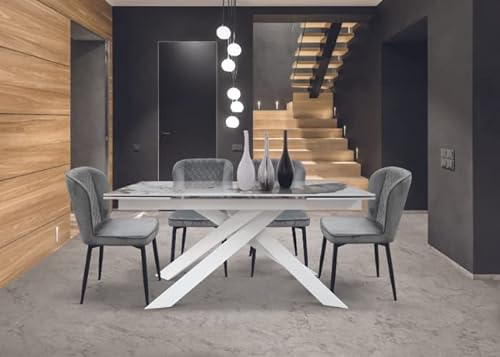 Mar.c.a. Design - Ausziehbarer Esstisch aus weißem Metall mit Glaskeramikplatte in Marmor-Finish, Esstisch für moderne Möbel, Küchentisch 160 x 90 x 76 cm