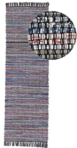 carpetfine Flickenteppich Kelim Chindi Läufer schwarz 75x200 cm | Fleckerlteppich aus Baumwolle für Wohnzimmermit Fransen