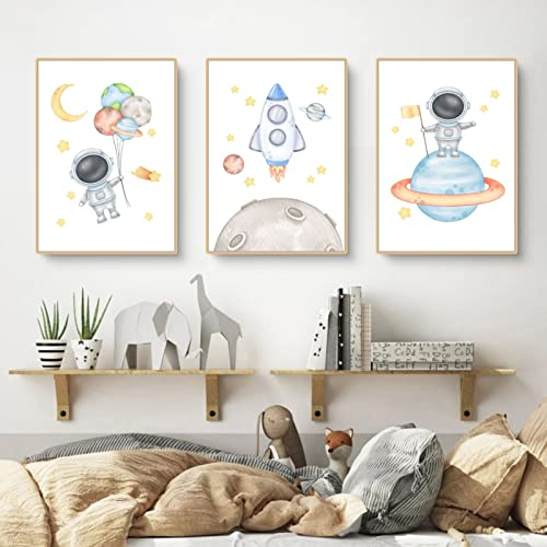 CULASIGN 3er Set Weltraum Kinder Poster, Weltraum Rakete Alphabet Poster Kinderzimmer Bilder,DIN A4 Babyzimmer Deko Mädchen Jungen Kinderbilder Set (A)