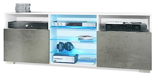 Vladon Tavolino TV Granada, Mobile per televisore con 2 Ante e 6 vani a Giorno, Mobile Bianco Opaco, Frontali in Ottica cermento Scuro con Illuminazione LED RGB (146 x 54 x 35 cm)
