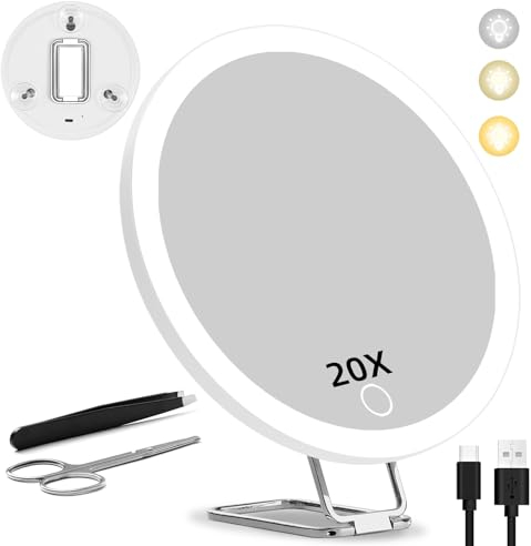 JJhxr 20X Magnifying Mirror with Lights, 6inch Makeup Magnified Mirror 20x Lighted Travel Magnification with 3 Suction Cups and 360° Adjustable Stand- Includes Tweezers & Scissors