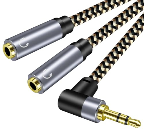 Hanprmeee Headphone Splitter,right angle 3.5mm Male TRS to 2 Dual 3.5mm Female Adapter Nylon-Braided Stereo Y Aux Cable Splitter for Phone, Speakers, Laptop, Playstation and More(No Mic) (0.5M)
