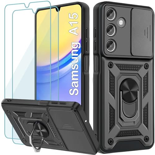 Yohii Cover per Samsung Galaxy A15 4G/5G 6.5, Con 2 Pack Vetro Temperato, 360° Metallo Anello Supporto Silicone Antiurto Custodia Robusta, Con Cavalletto E Protezione Schermo Integrata -Nero
