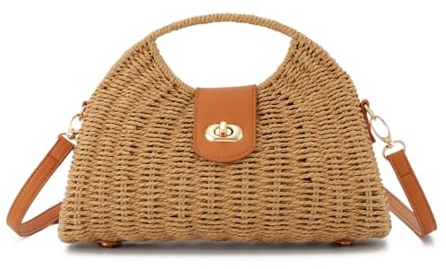 EVEOUT Stroh Umhängetaschen für Damen Mädchen Sommer Boho Chic Rattan Geflecht Korbtasche mit Schulterriemen Mode Polygonale Gewebte Strandtasche