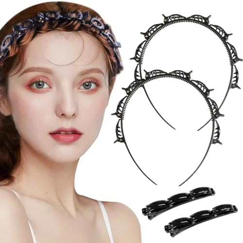 ZOKJSW Double frange en épingle à cheveux avec clips/bandeau tressé torsadé coréen antidérapant/double couche - Lot de 2 bandeaux à clip noirs en épingle à cheveux pour femmes et filles