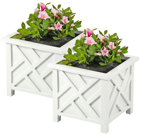 Taylor & Brown Set of 2 | Lattice Design Planter Box | 14.5-Inch | Square Decorative Outdoor Flower or Plant Pot Container | Polypropylene | Front Porch, Patio, and Garden Decor, White