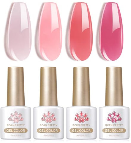 BORN PRETTY Jelly Gel Nail Polish Set Sheer Milky Jelly Nude Pink Gel Polish Crystal Transparent Gel Polish Set Rosy Aura Milky Jelly Series Nail Varnish Manicure Gift Set 7ML 4PCS