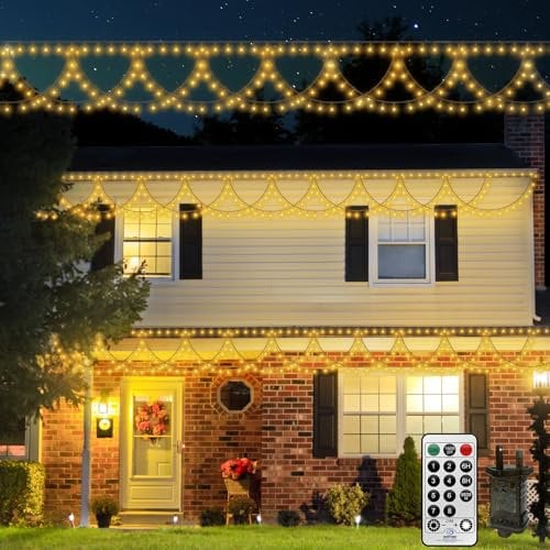 CORST 10M Outdoor Christmas Lights Plug in,380LED Xmas Icicle Fairy String Lights Hanging Window Eaves Lights with Remote Connected,Dark Green Wire,Waterproof for Outside Roof(Warm White)