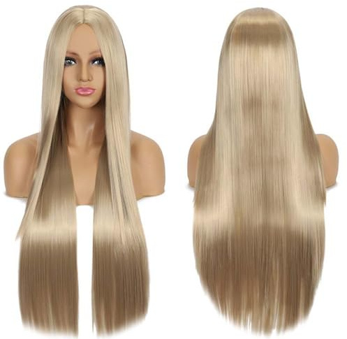 Fouriding 80cm Lange Gerade Haare Perücke Cosplay Perücke Mittelscheitel Pony für Damen Party Halloween Cosplay Kostüm Tägliche Perücke Cos Kopfbedeckung (Hellbraun)