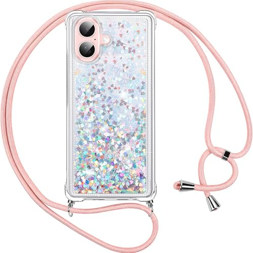 Vauki handyband für iPhone 16 Hülle mit Band,Silikon Durchsichtig Transparent Flüssig Glitzer mit Kette Kordel Treibsand Necklace TPU Schutzhülle Case für iPhone16, Silber