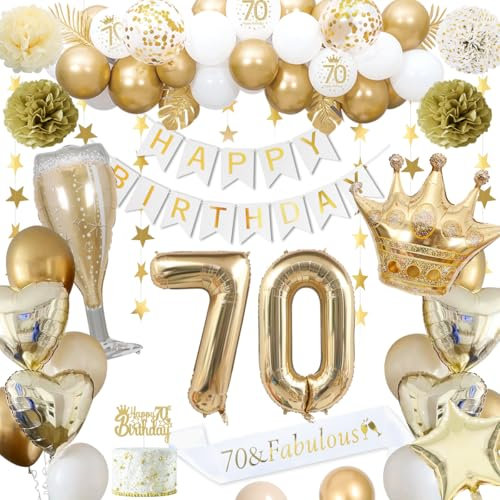70 Geburtstagsdeko, gold 70 Geburtstag deko für Männer Frauen gold weiße Luftballons HAPPY BIRTHDAY Banner Nummer 70 Luftballons Krone Stern Herz Luftballons HAPPY 70th BIRTHDAY Kuchenaufsatz