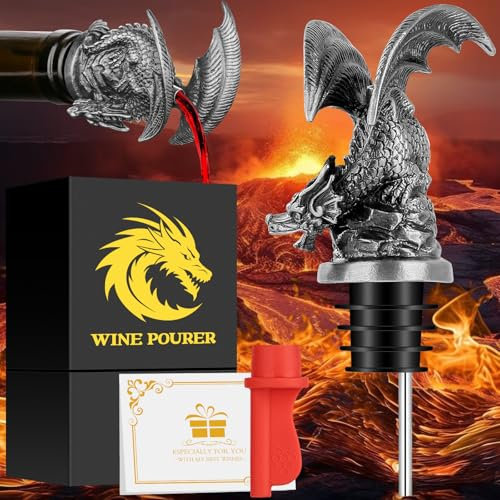 LKKCHER Dragon Wine Aerator Pourer Spout for Alcohol Spirits, Dragon Gifts for Men Women, 2-in-1 Bottle Pourer and Stopper, Wine Accessories Gifts, Silver