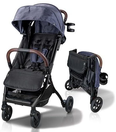 Strolee Leichter Baby- und Kleinkind-Kinderwagen, ultrakompakt, flugzeugfreundlicher Reise-Kinderwagen, einhändig zusammenklappbar, fast flache Liege, X-L-Baldachin und Getränkehalter für Eltern, LinQ