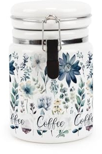 Purely Home Blue Pastel Flowers Coffee Canister - Pretty Watercolour Floral Gifts - Ceramic Kitchen Food Storage Container with Clip Lid 400ml (13.5cm x 8.5cm)