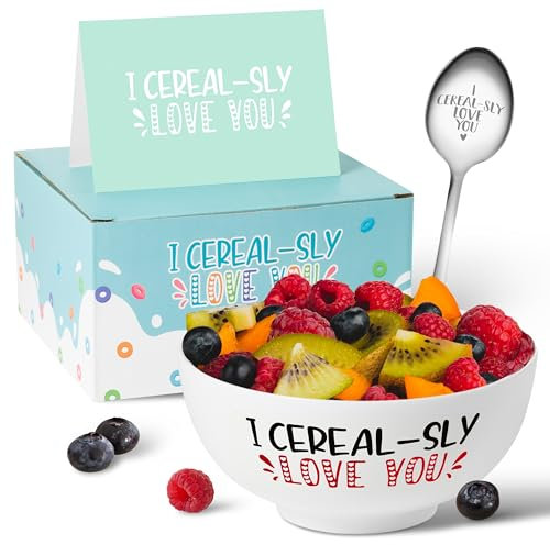 R HORSE Valentine's Day Cereal Bowl Gift Set 44Oz Oversized Valentines Cereal Bowl and Engraved Spoon Card Set, Oatmeal Bowl Cereal Fruit Tableware Kit for Women Men Valentine's Day Birthday Gifts