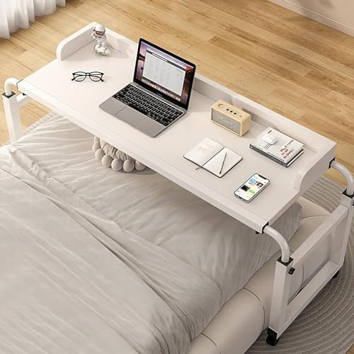 OverBed Table with Wheels Overbed Bedside Table，Mobile King Queen Laptop Food Tray Desk standing Height/Width adjustable