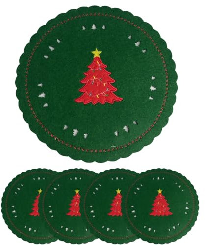Generico Sottopiatti Natalizi in Feltro - Pack 4 Pezzi - Buone Feste Decorazioni Tavola 30 cm - Addobbi di Natale per la Tavola - Verde con Albero Rosso