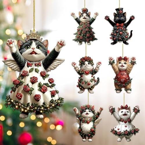 7Pcs Cat Christmas Pendant Ornaments - Wearing Trees Kittens, Acrylic Hanging Charms for Bag, Car Rearview, Tree Decorations