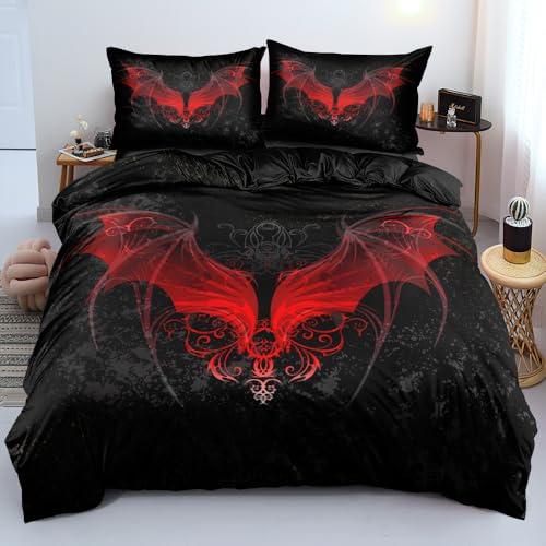 DXHOME Bettwäsche Fledermaus 135x200 4teilig Gothic mit Weiche Mikrofaser Deckenbezug Jugendliche Teenager Bettbezüge mit Reißverschluss und 2 Kissenbezügen 80×80 cm