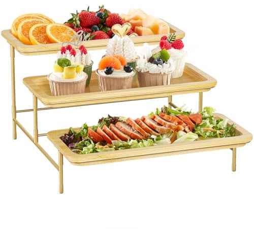 Lifewit 3 Tiered Serving Platter, 12 Inch Wooden Bamboo Trays for Food Serving, Reusable Snack Tray with Removable Metal Stand, Display Stand for Fruit, Cookies, Dessert, Cake, Natural and Golden