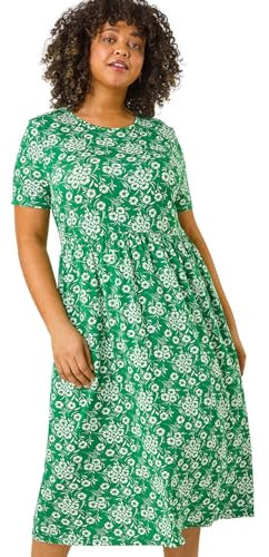 Roman Midi Dress with Pockets for Women UK Ladies Stretchy Jersey Maxi Long Short Sleeve Elasticated Gathered High Waist Boho Flattering Skater Swing Fit Flare - Curve Floral Green - Size 22