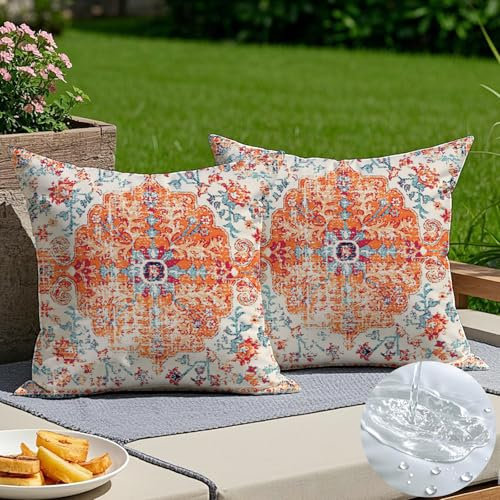 Vorysum 2er Set Outdoor Kissenbezüge 45 x 45 cm Boho Wetterfest Kissenbezug Abstrakte Deko Kissen Vintage Rot Sommer Kissenhülle Muster Kissen für Garten Sofa Bett Dekorative Kissenhüllen