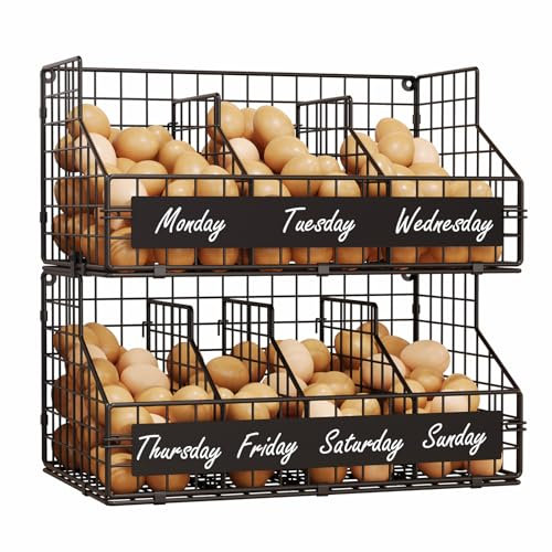 X-cosrack Eieraufbewahrung mit 5 Trennwänden – 2-stufig stapelbar & wandmontierbarer Eierkorb | Drahtkorb für Eier, Obst & Gemüse (39,5x24,2x39,5 cm), DIY-Beschriftung & Eierschachtel Design