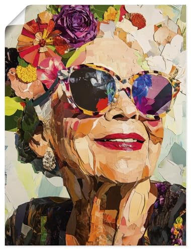 ARTLAND Wanddeko Poster & Kunstdrucke Wandposter 90x120 cm Porträt Frau mit Sonnenbrille Mode Blumen Farben Collage U5MP