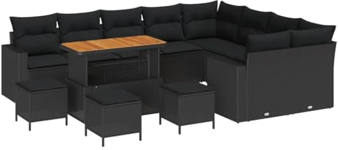 vidaXL 13-teiliges Garten-Sofa-Set mit Kissen in Schwarz aus Poly-Rattan und Akazie. Perfekt für 6 Personen. Wetterfest und stylisch für Deine Terrasse, den Essbereich oder die Lounge im Garten.