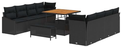vidaXL 11-teiliges Garten-Sofa-Set mit Kissen Schwarz Poly Rattan Akazie, 2-Sitzer Garten Sofa mit Stauraum & Kissen Schwarz Poly Rattan, 3-teilige Garten-Essgruppe mit Kissen Schwarz Poly Rattan Ak