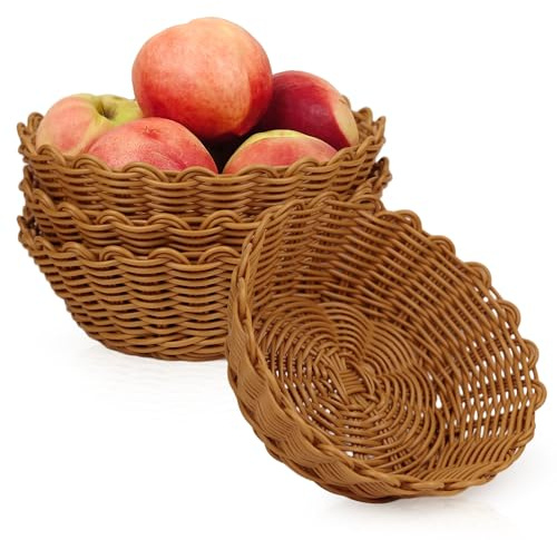 Aramanara 4 Pcs Small Wicker Storage Baskets, Round Wicker Display Basket | Wicker Woven Breads Serving Basket, Imitation Rattan Fruit Baskets for Serving Kitchen Food Vegetables Fruit Snacks