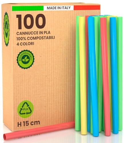 100 Cannucce Colorate Larghe Jumbo in Bioplastica 100% per Cocktail 15 cm x 8 mm - Rigide Ecologiche Biodegradabili Compostabili Riutilizzabili - Made in Italy - Ideali per Bevande Eventi e Feste