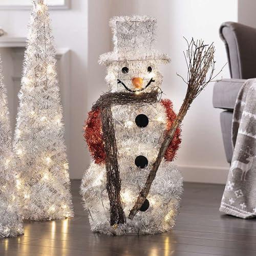 Frank Flechtwaren LED-Schneemann Silberglimmer, Kunststoff, Metallrahmen, Filz, Reisig, 20 warmweiße LEDs, batteriebetrieben, Maße: Höhe 62 cm, ohne Batterien, nur für den Innenbereich geeignet