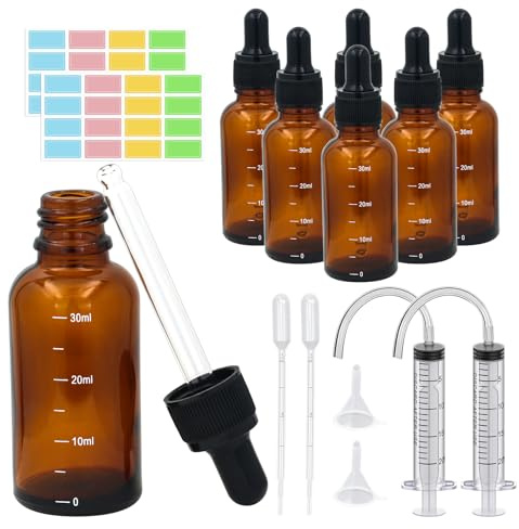 Reyshin Glass Dropper Bottles 30ml,6 Pack Amber Glass Bottle with Dropper Pipettes Refillable Sample Dropper Bottle for Essential Oil DIY Massage Aromatherapy Laboratory (30ml, 6)