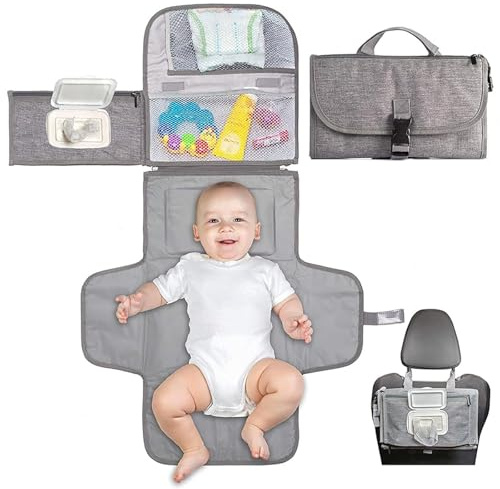 GREATRICH Matelas à Langer Bébé, Tapis à Langer Nomade Imperméable, Matelas à Langer de Voyage Portable avec Distributeur de Lingettes, Sac à Langers Pliable et Lavable pour Bébé, Gris
