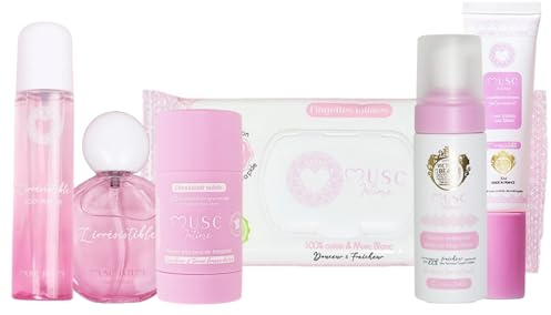 MUSC INTIME - Full body - Pack Musc Blanc - Gel parfumant, Mousse nettoyante intime, Déodorant naturel, Lingettes, Parfum corps, Parfum cheveux - L'irrésistible - Longue tenue