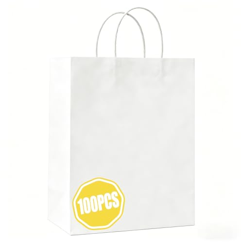 Crisgus 100 Kleine Weiße Kraftgeschenktüten mit Henkeln 15x8x21cm fürPartys | Kraft Papiertüten Weiße mit Henkeln ideal für DIY Adventskalender, Hochzeiten, Geschenkverpackungen, Partys und Weihnachten