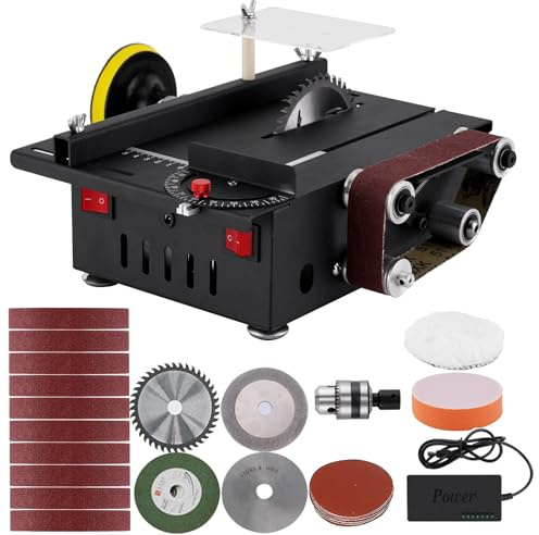 Mini Scie Circulaire Sur Table avec Ponceuse à Courroie et 4 Lames, 300W,Vitesse Réglable, épaisseur Coupe de 0,1 à 30 mm, pour DIY Précis l'Artisanat et la Menuiserie Fait Main en Bois