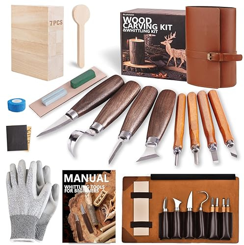 Wood Carving Kit Woodworking Chisel: Bluvizo Professional Whittling Craft Set, 25 Pcs Deluxe Hand Tool Kit with Luxury PU Leather Case, Gift for Beginners Adults Kids DIY Fun