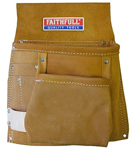 Faithfull Tan Suede Leather Tool & Nail Pouch, Steel Hammer Holder for Tool Belt