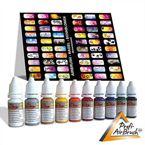 10er Set AIRBRUSH FARBEN für AIRBRUSH NAILDESIGN - Airbrushfarbe für die Nägel - AIRBRUSH FARBEN- UND SCHABLONEN-SET - FARBEN WASSERVERDÜNNBAR
