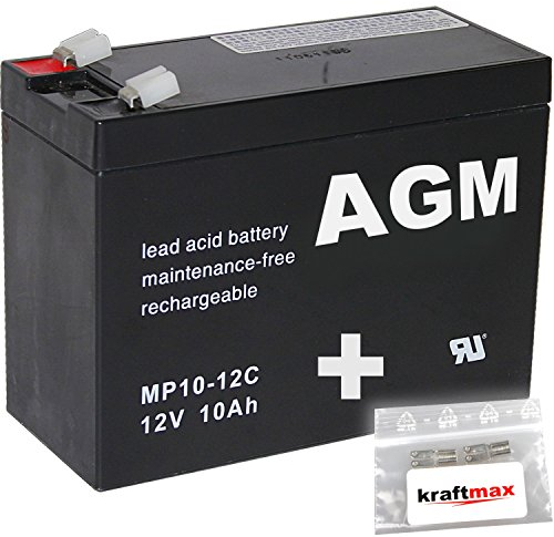 kraftmax 4X AGM 12V / 10Ah Blei-Akku - MP10-12C [ Faston 6,3 ] Zyklenfest inkl. 2X Original Anschluß-Adapter