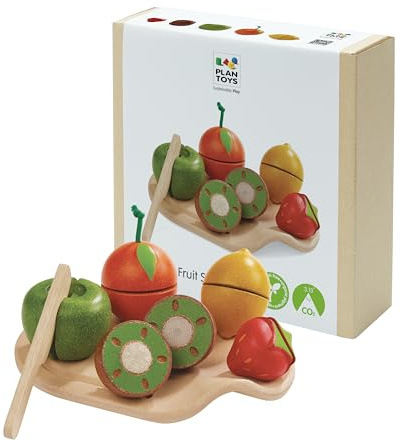 PlanToys® Schneideobst Holz | Kaufladen-Zubehör mit Schneidebrett & Messer | Montessori-Kaufladen-Zubehör ab 18 Monaten: 5 Obstsorten mit Klett, Messer & Schneidebrett. Fördert Feinmotorik & Rollenspiel