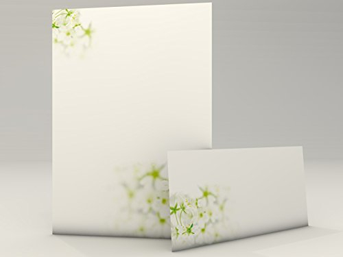 Frühlingshaftes Briefpapier Set | Frischer Frühling | 50 Blatt Motivpapier DIN A4 | 50 Briefumschläge OHNE FENSTER im DIN LANG-Format | florale Motive