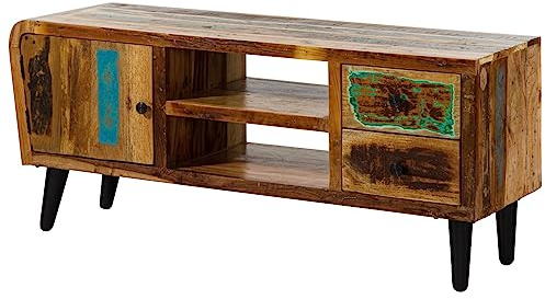 MASSIVMOEBEL24.DE | Sixties TV-Board aus Massivholz #102 | Altholz - Mehrfarbig, lackiert | mit 2 Schubladen + 1 Tür + offene Fächer | 150 x 40 x 86 cm | Lowboard