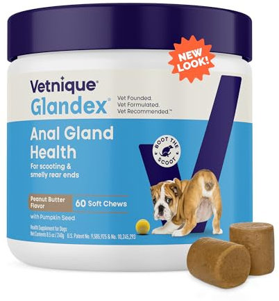 Vetnique Glandex Anal Gland Soft Chew Treats with Pumpkin for Dogs Digestive Enzymes, Probiotics Fiber Supplement for Dogs Boot The Scoot (Peanut Butter Chews, 60 Count)