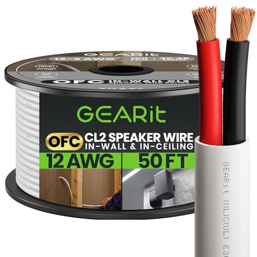 GearIT In-Wall Speaker Wire OFC 2x4mm≤ (15.24 Meters - White) Oxygen-Free Copper - Hi-Fi Audio Cable for In-Wall / CL2 Rated / 2-Conductors - 12 Gauge AWG, 50 Feet